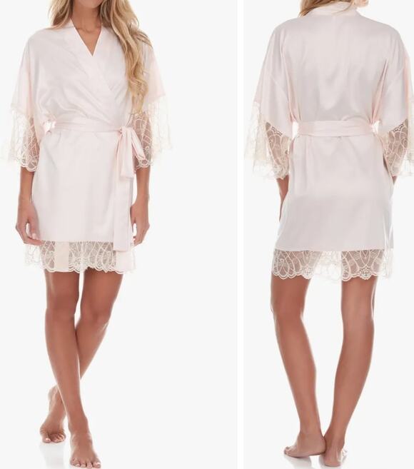 Flora Nikrooz Other - Flora Nikrooz Gabby Satin Robe Pink Lace Charmeuse M Kimono Bridal Lingerie